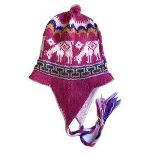 Hand-Knotted Chullo Winter Magenta Pink Reversible Alpaca Wool Blend W/ Earflaps